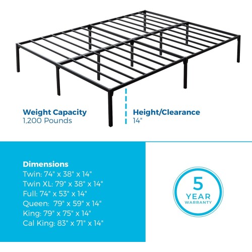 Linenspa Heavy Duty Metal Platform Bed Frame - No Box Spring Needed - Underbed Storage - Simple Tool Free Assembly - 14” High - Sturdy - Steel Slats - Sleek Modern Design - Queen Size