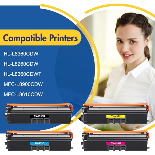 TN433 TN-433 Toner Cartridge 4-Pack Replacement for Brother TN 433 TN433BK TN433C TN433M TN433Y TN-431 TN431 for MFC-L8900CDW HL-L8360CDW HL-L8260CDW MFC-L8610CDW HL-L8360CDWT Printer