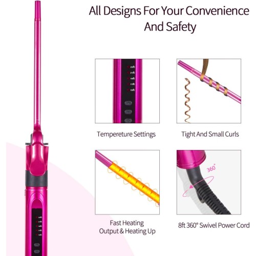 Mini Hair Curler Curling Tong Tourmaline Ceramic Barrel 9mm Curling Iron for Men Women, Rose Red (0.35 Inches)