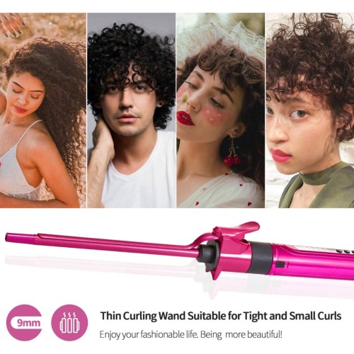 Mini Hair Curler Curling Tong Tourmaline Ceramic Barrel 9mm Curling Iron for Men Women, Rose Red (0.35 Inches)