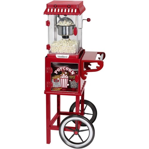 West Bend PCMC20RD13 Wheeled Popcorn Cart with Non-Stick Stainless Steel Popcorn Kettle, Storage Shelf, and Popcorn Scoop for Popcorn Machine, 10 Cup, Red