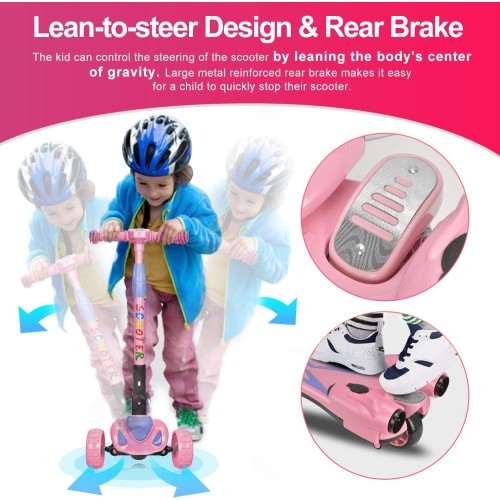 3 Wheel Scooter for Kids, Toddler Scooter with Bluetooth Music Speaker Steam Sprayer LED Lights Aluminum Alloy T-Bar, Folding Kick Scooters for Boys Girls Ages 3-10