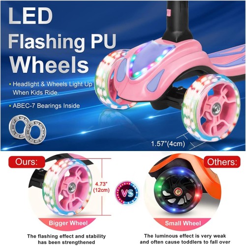 3 Wheel Scooter for Kids, Toddler Scooter with Bluetooth Music Speaker Steam Sprayer LED Lights Aluminum Alloy T-Bar, Folding Kick Scooters for Boys Girls Ages 3-10