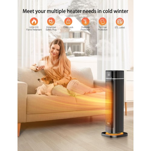 Space Heater,VCK 24" 12ft/s Fast Quiet Heating Portable Electric Heater with Remote, Night Light,80° Oscillation,4 Modes,Overheating&Tip-Over Protection, Ceramic Heater for Bedroom,Office&Indoor Use