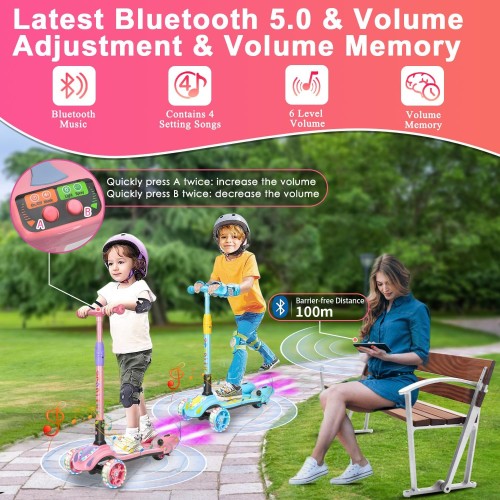 3 Wheel Scooter for Kids, Toddler Scooter with Bluetooth Music Speaker Steam Sprayer LED Lights Aluminum Alloy T-Bar, Folding Kick Scooters for Boys Girls Ages 3-10