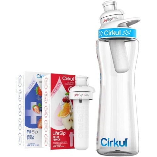 Cirkul 22 oz Plastic Water Bottle Starter Kit with Blue Lid and 2 Flavor Cartridges