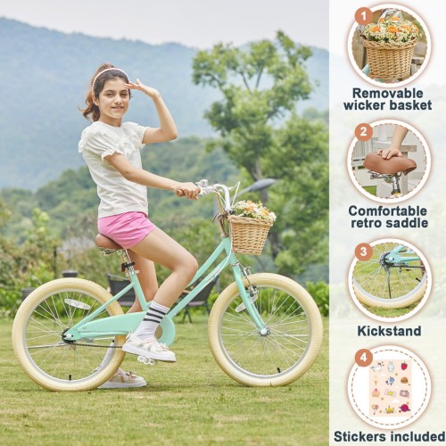 Petimini Girls Bike with Basket for6 7 8 9 Years Old Kids,  20 Inch Bicycle with Bell Training Wheels Mint Green