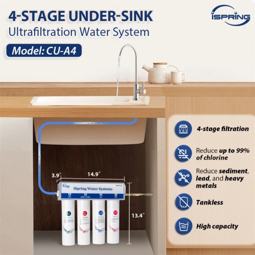 iSpring CU-A4 0.01μm Ultra-Filtration Under Sink Water Filter System, Tankless 4-Stage High Capacity, Remove 99.99% Contaminants, Quick Filter Change with Brushed Nickel Faucet, White