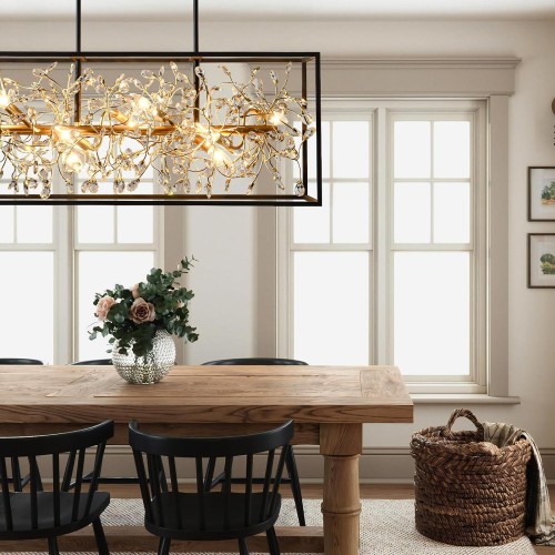 Vezzio Crystal Chandeliers for Dining Room 8-Light Black and Gold Modern Chandeliers Rectangle Contemporary Pendant Light Fixture for Kitchen Island with K9 Crystal…