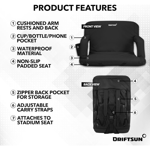 Driftsun 2 Pack Extra Wide Stadium Seats with Back Support - Deluxe Foldable Stadium Chairs for Bleachers - Folding Waterproof Sport Chair Easy to Transport