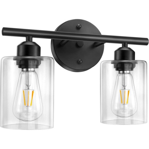 Bathroom Vanity Light Fixtures, 2-Light Black Wall Sconce Lighting Wall Lamp with Clear Glass Shade, Vintage Wall Mounted Lights Bathroom Lights for Mirror, Living Room, Bedroom, Hallway, Porch