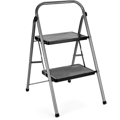 Delxo 2 Step Stool Folding Step Ladder Two Stepstool with Handrails,Heavy Duty Sturdy Small Compact Ladder Portable Anti-Slip Safety Kitchen Stepladder Metal 2ft Folding Step Stools for Adults (Grey)