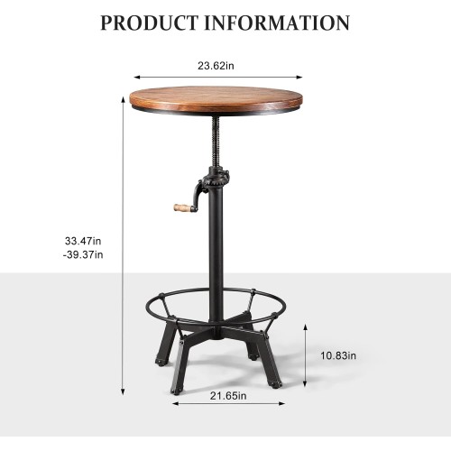 LOKKHAN 33.5-39.4 Inch Tall Industrial Bar Table-Adjustable Bar Height Bistro Whiskey Pub Table-23.7" Dia Swivel Round Wood Top Metal Base-Easily Adjusts by Crank Handle