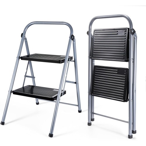 Delxo 2 Step Stool Folding Step Ladder Two Stepstool with Handrails,Heavy Duty Sturdy Small Compact Ladder Portable Anti-Slip Safety Kitchen Stepladder Metal 2ft Folding Step Stools for Adults (Grey)