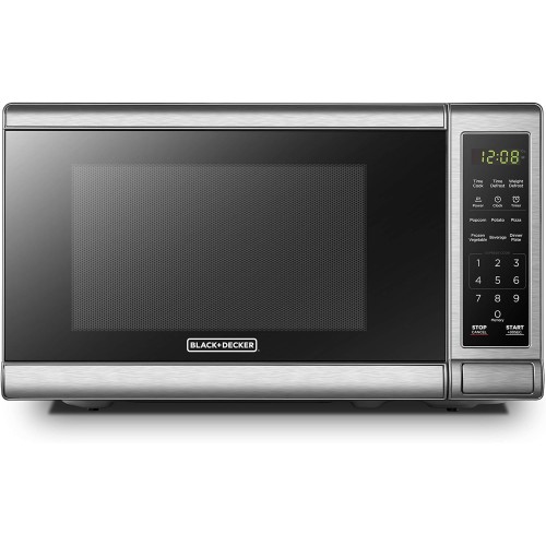 BLACK+DECKER EM720CB7 Digital Microwave Oven with Turntable Push-Button Door, Child Safety Lock, 700W, Stainless Steel, 0.7 Cu.ft