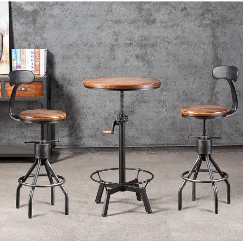 LOKKHAN 33.5-39.4 Inch Tall Industrial Bar Table-Adjustable Bar Height Bistro Whiskey Pub Table-23.7" Dia Swivel Round Wood Top Metal Base-Easily Adjusts by Crank Handle