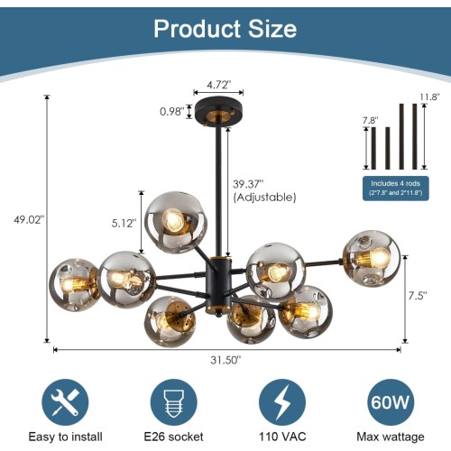 8-Light Sputnik Black Chandelier with Globe Glass Black and Gold Pendant Lights Bubble Light Chandeliers for Farmhouse Kitchen Dining Room Living Room Bedroom Office