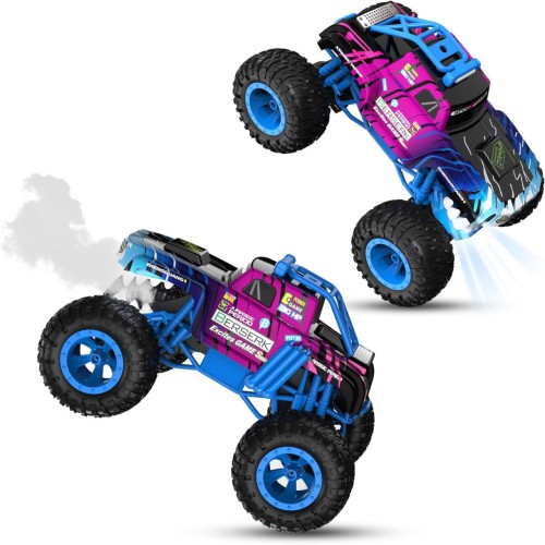 Powerextra 1:12 Remote Control Monster Truck, Balance Technology| Front & Rear Wheelie Driving, 4WD Hobby ElectricTruck with LED Light & Spray, All Terrain Off Road Stunt Car