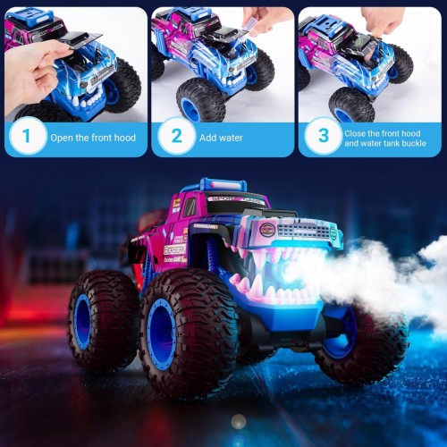 Powerextra 1:12 Remote Control Monster Truck, Balance Technology| Front & Rear Wheelie Driving, 4WD Hobby ElectricTruck with LED Light & Spray, All Terrain Off Road Stunt Car