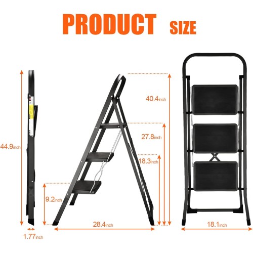 3 Step Ladder, Lightweight Folding Step Stools for Adults with Anti-Slip Pedal, Portable Sturdy Steel Ladder with Handrails, Perfect for Kitchen & Household, 330 lbs Capacity, Black