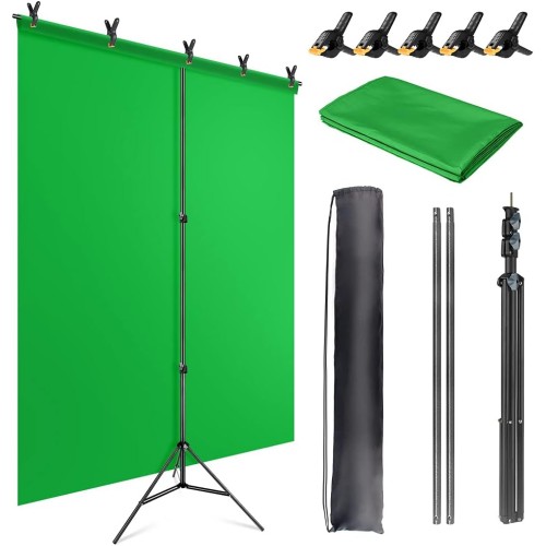 JEBUTU 5X6.5ft Green Backdrop Kit with T-Shape Stand, Portable Background Support Kit with Carrying Bag & Clamps for Video, Zoom, Streaming