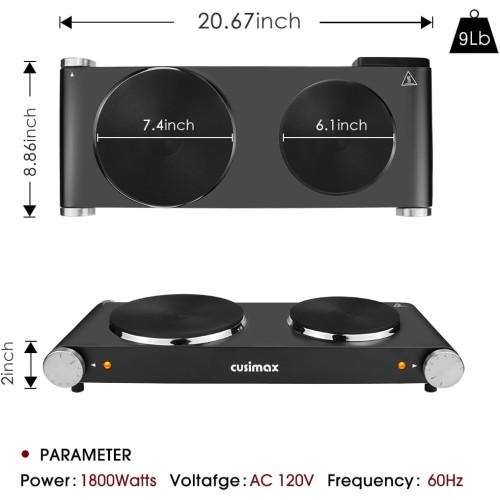 CUSIMAX Double Hot Plates Electric Burner, 1800W Countertop Cooktop with Adjustable Temperature Control, Hot Plates for Cooking Portable Electric Stove, Black Stainless Steel Cooktop, Upgraded Version