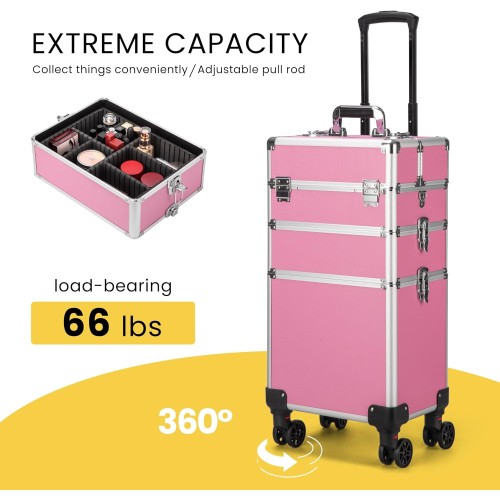 VIVOHOME 4 in 1 Makeup Rolling Train Case Aluminum Trolley Professional Cosmetic Organizer Box with Shoulder Straps 2 Keys Pink(Cosmetic are not included)