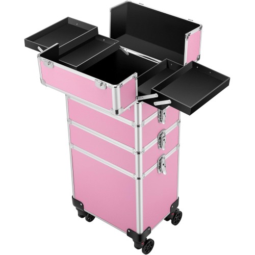 VIVOHOME 4 in 1 Makeup Rolling Train Case Aluminum Trolley Professional Cosmetic Organizer Box with Shoulder Straps 2 Keys Pink(Cosmetic are not included)