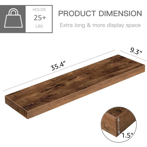 QEEIG Bathroom Shelves 36 inches Long Floating Shelf for Wall 36 x 9 inch Set of 2, Rustic Brown (008-90BN)