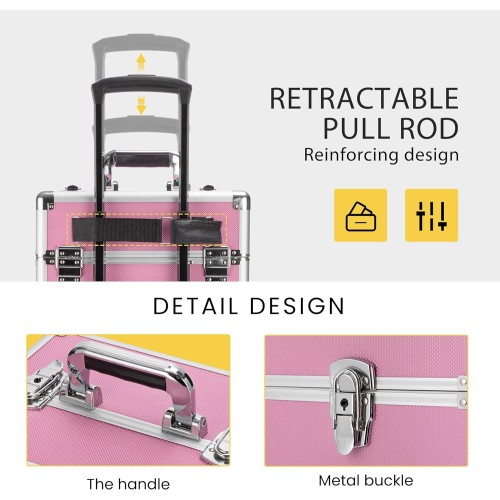 VIVOHOME 4 in 1 Makeup Rolling Train Case Aluminum Trolley Professional Cosmetic Organizer Box with Shoulder Straps 2 Keys Pink(Cosmetic are not included)