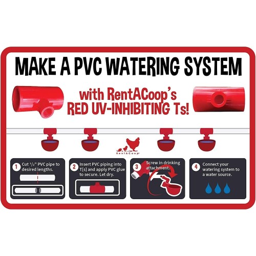 RentACoop DIY Waterer Kit for PVC Piping - Auto-Fill Cups with Inserts and Tee Fittings with UV Inhibitor for Sun Protection - Great for Chickens, Turkeys, Peafowl, and Other Poultry - 4 Pack