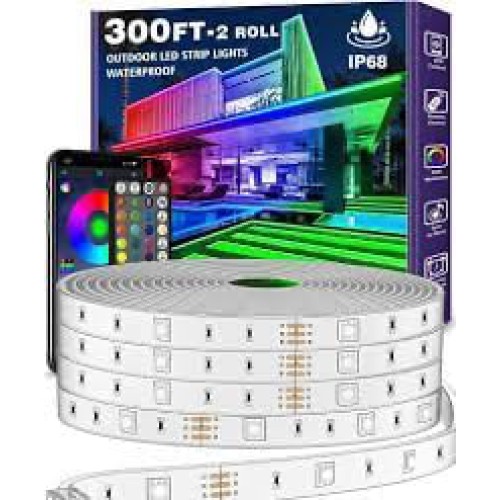 300ft Outdoor LED Strip Lights Waterproof With adhesive backing,IP65 Outside Led Light Strips Waterproof with Bluetooth App Remote,Music Sync RGB Exterior Led Rope Lights,for Balcony,Deck,Roof,Pool