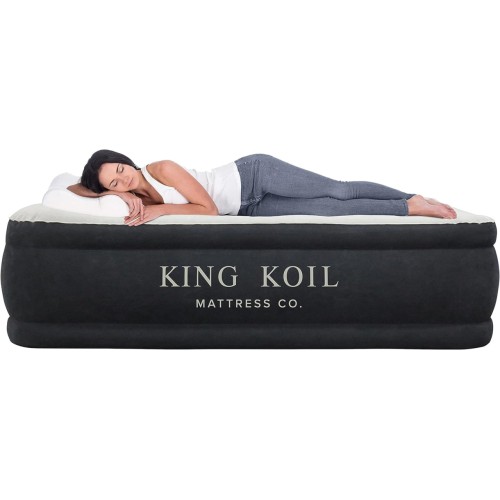 King Koil Luxury Air Mattress Queen with Built-in Pump for Home, 20” Queen Size Inflatable Airbed Luxury Double High Adjustable Blow Up Mattress, Durable - Portable and Waterproof, Black