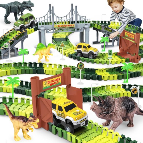 KKONES Dinosaur Toys, 273 Pieces Dinosaur World Road Race Creation, Flexible Track Playset and 2 Cool Dinosaur Cars for Boys and Girls Ages 3-6 and 6+ Best Gift