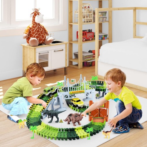 KKONES Dinosaur Toys, 273 Pieces Dinosaur World Road Race Creation, Flexible Track Playset and 2 Cool Dinosaur Cars for Boys and Girls Ages 3-6 and 6+ Best Gift