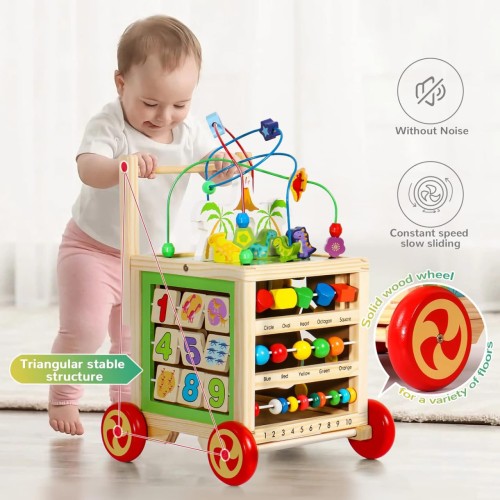 Baby Walker Toys for 1 Year Old Boy Girl, Montessori Toys for 1 2 Year Old Walker with Wheels 6 in 1 Baby Activity Cube Table Activity Center Wooden Toys Infant Baby Toys 12-18 Months Birthday Gift