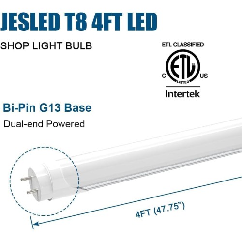 JESLED T8 4FT LED Tube Light Bulbs, 24W 5000K Daylight, 3000LM, 4 Foot T12 LED Replacement for Flourescent Tubes, Ballast Bypass, Dual-end Powered, Frosted, Garage Warehouse Shop Lights(12 Pack)