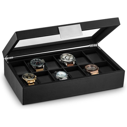 Glenor Co Watch Box Organizer for Men - 12 Slot Luxurious & Masculine Carbon Fiber Textured Case - Large Watch Holder - Glass Top Watch Display Case - Metal Accents - Watch Cases for Men – Black