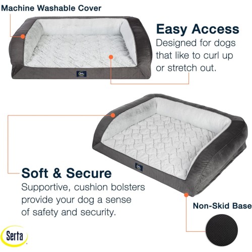 Serta Gel Memory Foam Quilted Ortho Couch Dog Bed  Small  Grey