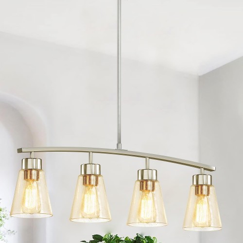 Homebelife 32" W Kitchen Island Light for Dining Room, 4-Light Brushed Nickel Chandelier with Clear Bubble Glass Shades