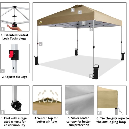 CROWN SHADES 10x10 Pop Up Canopy, Patented Center Lock One Push Tent Canopy, Newly Designed Storage Bag, 8 Stakes, 4 Ropes Gray