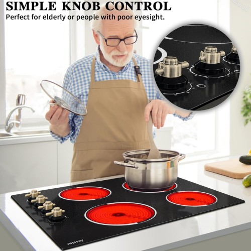 Electric Cooktop 24 Inch - 4 Burner Drop-in Radiant Electric Cooktop with Knob Control, 220-240V Electric Ceramic Stove Top with 9 Heating Levels and Residual Heat Indication