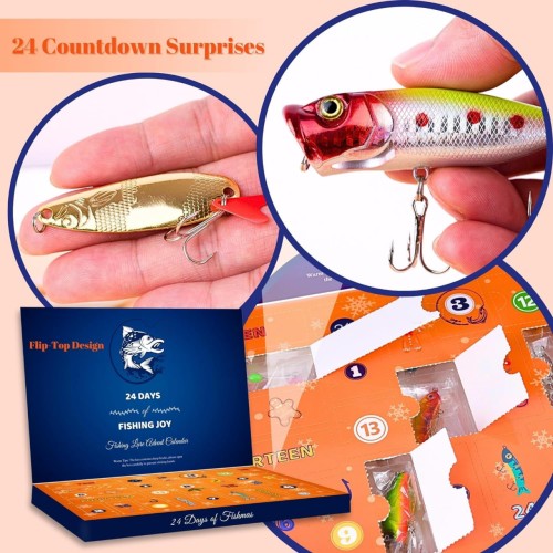 Advent Calendar Fishing Christmas Countdown - 24 Days Fishing Lures Set for Fisher Adult Men Teen Boys - 2024 Xmas Surprise Gift