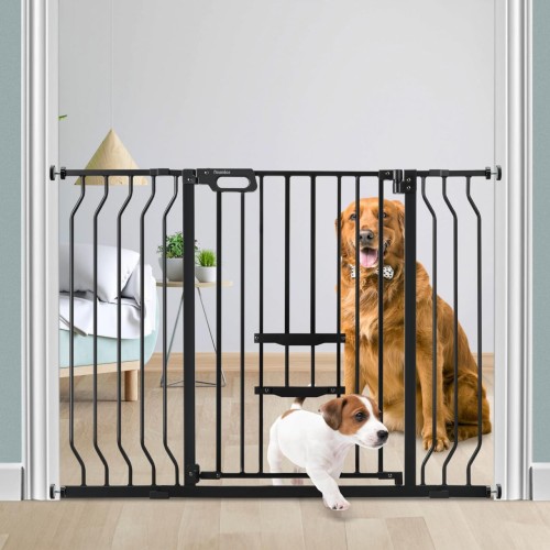 Upgraded Baby Gate with Cat Door 29.9-48.8" Extra Wide, Tall Dog Gate for The House, Doorways, Stairs, Auto Close Walk Thru Safety Gate with Small Pet Door, Pressure Mounted Child Gate, Black