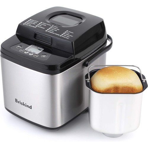 Briskind 19-in-1 Compact Bread Maker Machine, 1.5 lb / 1 lb Loaf Small Breadmaker with Carrying Handle, Including Gluten Free, Dough, Jam, Yogurt Menus, Bake Evenly, Automatic Keep Warm, 3 Crust Color