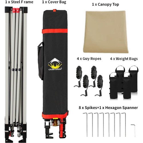 CROWN SHADES 10x10 Pop Up Canopy, Patented Center Lock One Push Tent Canopy, Newly Designed Storage Bag, 8 Stakes, 4 Ropes, Beige