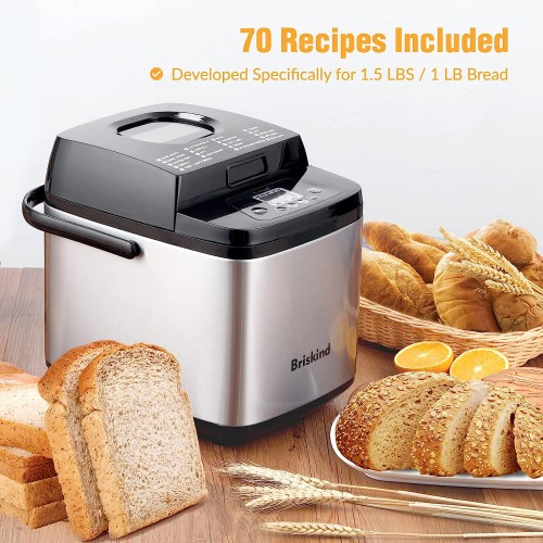 Briskind 19-in-1 Compact Bread Maker Machine, 1.5 lb / 1 lb Loaf Small Breadmaker with Carrying Handle, Including Gluten Free, Dough, Jam, Yogurt Menus, Bake Evenly, Automatic Keep Warm, 3 Crust Color