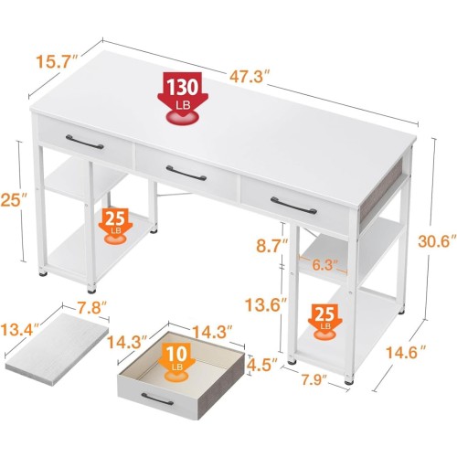 ODK Office Small Computer Desk: Home Table with Fabric Drawers & Storage Shelves, Modern Writing Desk, White, 48"x16"