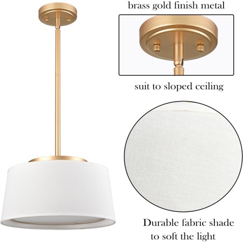 HYDELITE Drum LED Pendant Light Gold Hanging Pendant Light Fixture with Fabric Linen Shade 3000k/4000k/5500k,24W,1600LM