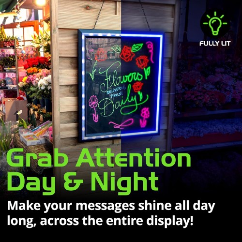 Green Light LED Message Writing Board with 8 Border Color Options, 23"L x 27"W